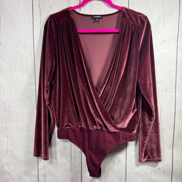 Express Velvet Wrap Bodysuit Burgundy Long Sleeve XS Holiday Night Out Elegant - Picture 5 of 16